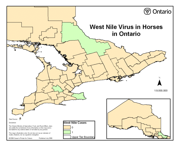Figure 1 - A map of Ontario showing the counties with cases of West Nile Virus in 2006.
