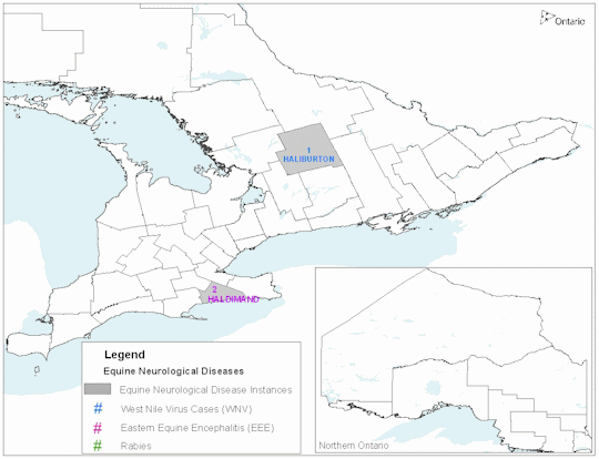 A map depicting the locations of equine neurological  disease in Ontario in 2009.