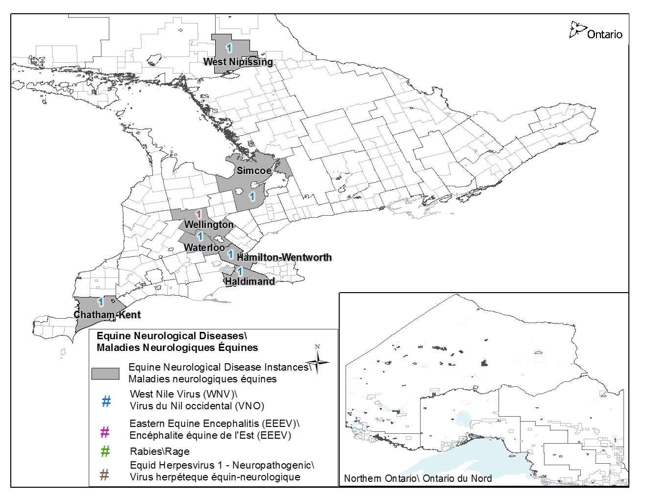 A map depicting the locations of equine neurological disease in Ontario in 2012