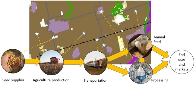 A map showing prime agricultural areas and urban areas. On top of the map are photos and arrows pointing to the location of a seed supplier (photo of hand holding seed), agricultural production area (photo of harvester in field), transportation (photo of moving train), animal feed (photo of sheep eating grain), and processing (photo of metal tank). Arrows connect these elements of the agri-food network. 