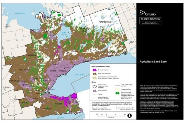 Map depicting the agricultural land base in the Greater Golden Horseshoe. Specialty crop areas, prime agricultural areas, candidate areas, the boundary of the Greater Golden Horseshoe, settlement areas, hamlets, municipal boundaries, employment areas and natural areas are included in the map.