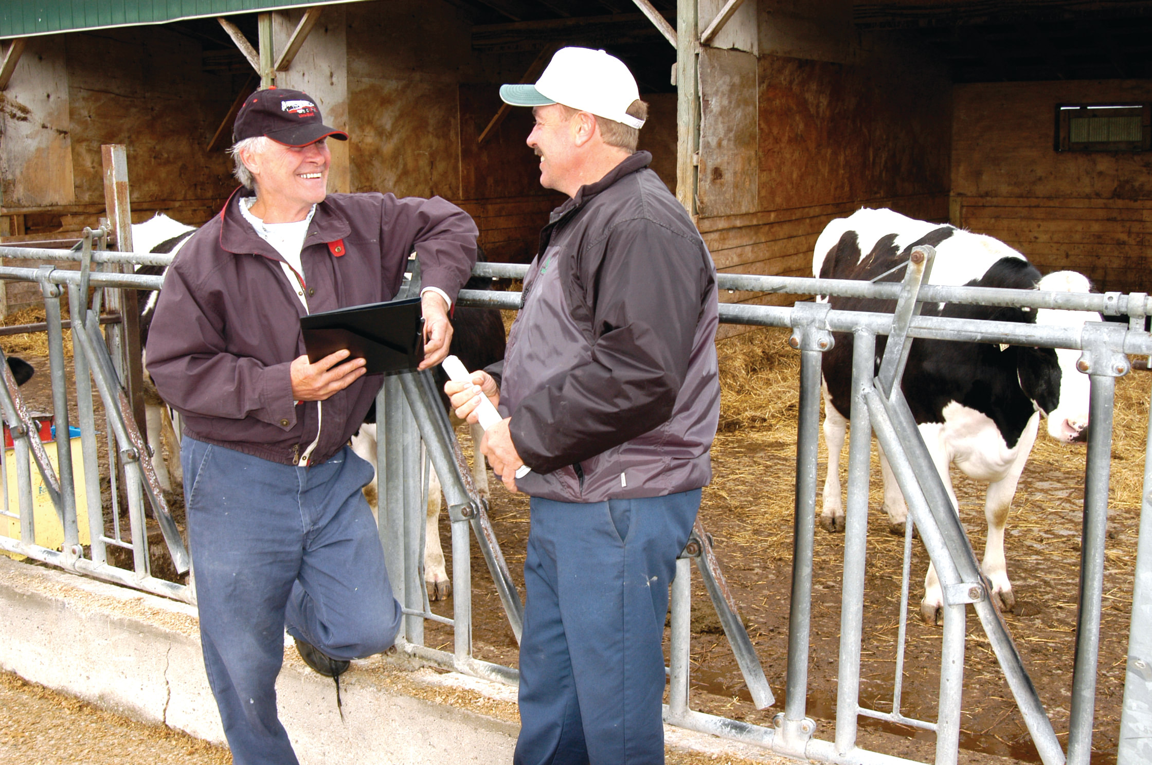 Cette photo montre deux agriculteurs (deux hommes) debout devant un enclos de ferme laitière, avec une vache Holstein en arrière-plan.