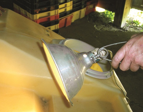 Photo showing how to candle a polyethylene storage tank by holding a bright light outside the tank and checking the tank surface for crazing and cracking.