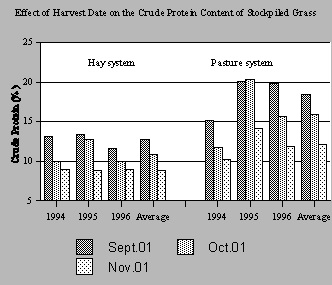 Effect of fall harvest date on the crude protein content of stockpiled grass under two management systems.