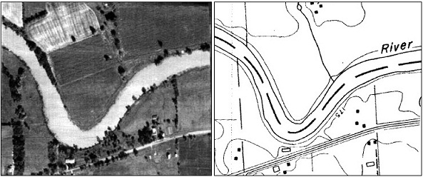 Cours d'eau naturel révélé par une photo aérienne (à gauche) et par une carte topographique (à droite).