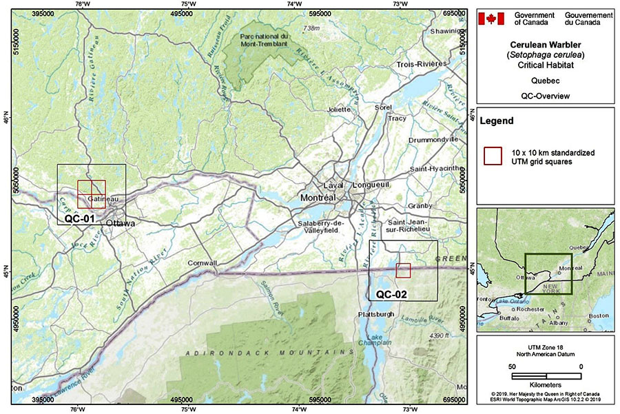 Figure A-7. Critical habitat for the Cerulean Warbler in Quebec (overview)