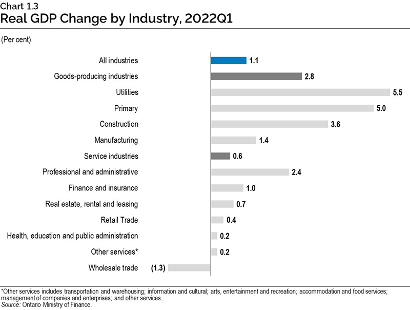 Chart 1.3: Real gross domestic product change by industry, 2022 first quarter