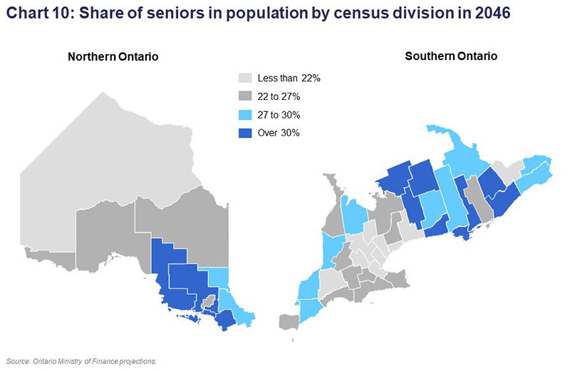 Chart 10: Share of seniors in population by census division in 2046