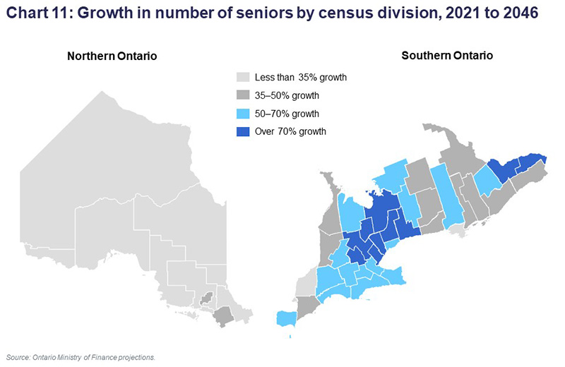 Chart 11: Growth in number of seniors by census division, 2021 to 2046