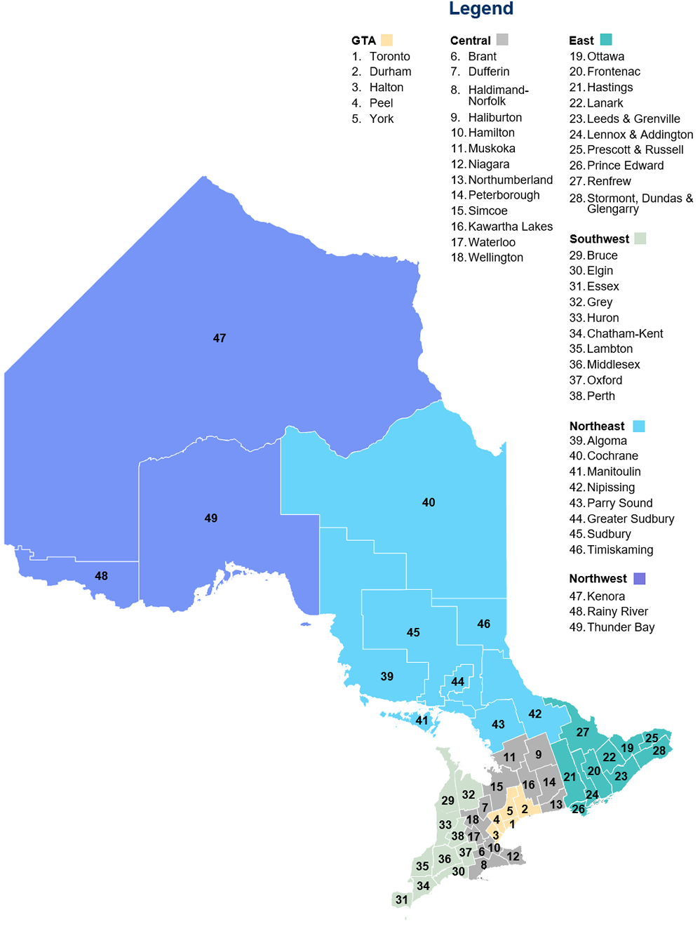 Map of Ontario census divisions