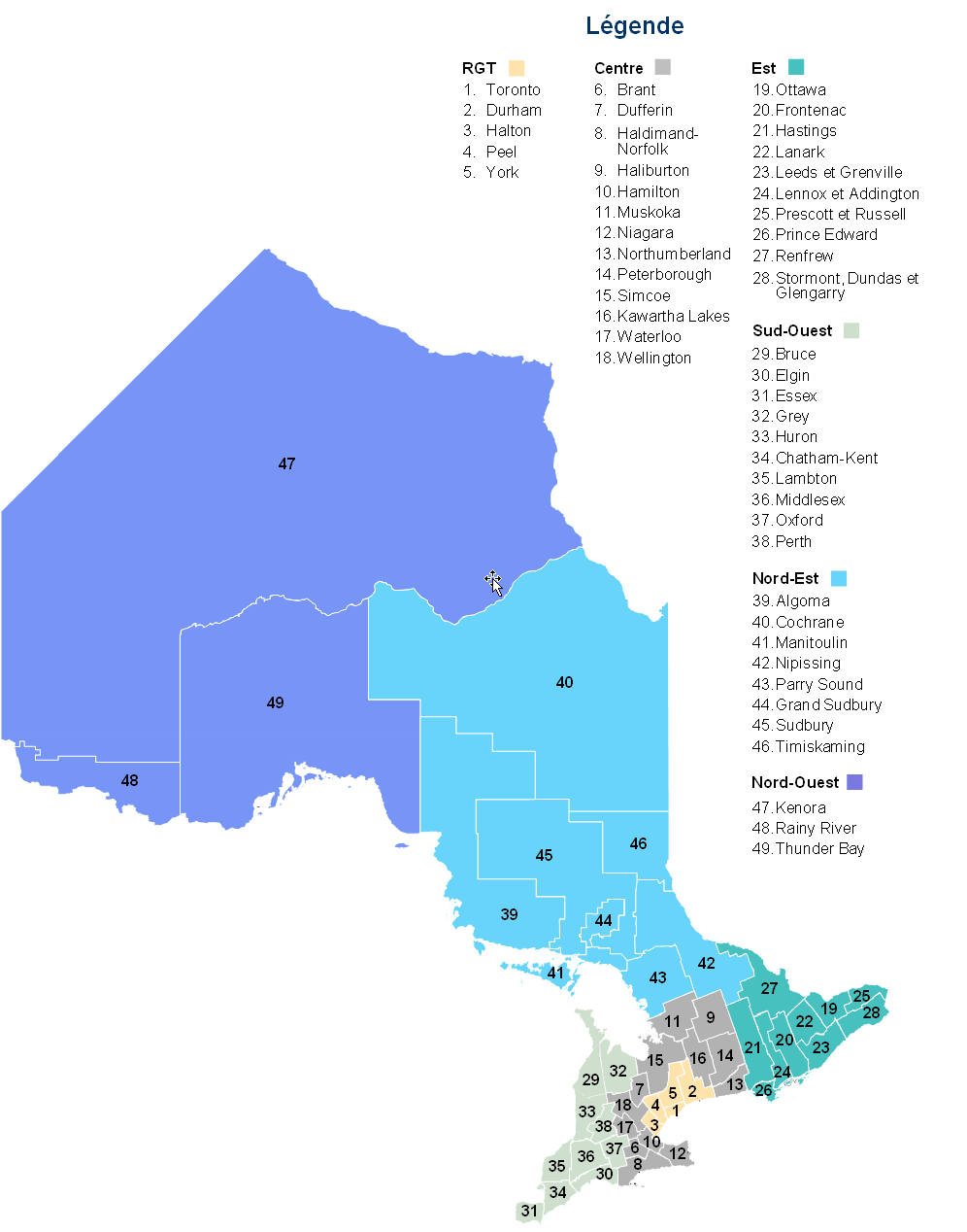 Carte des divisions de recensement de l'Ontario