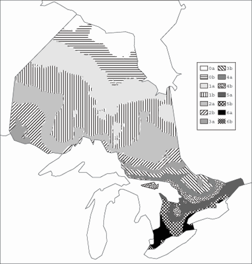 Plant Hardiness Zones of Ontario, 2002. Areas in the north are given a lower hardiness rating or number. This rating generally increases as one continues south.