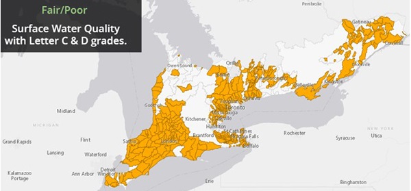 Map of fair/poor surface water quality with letter C and D grades.