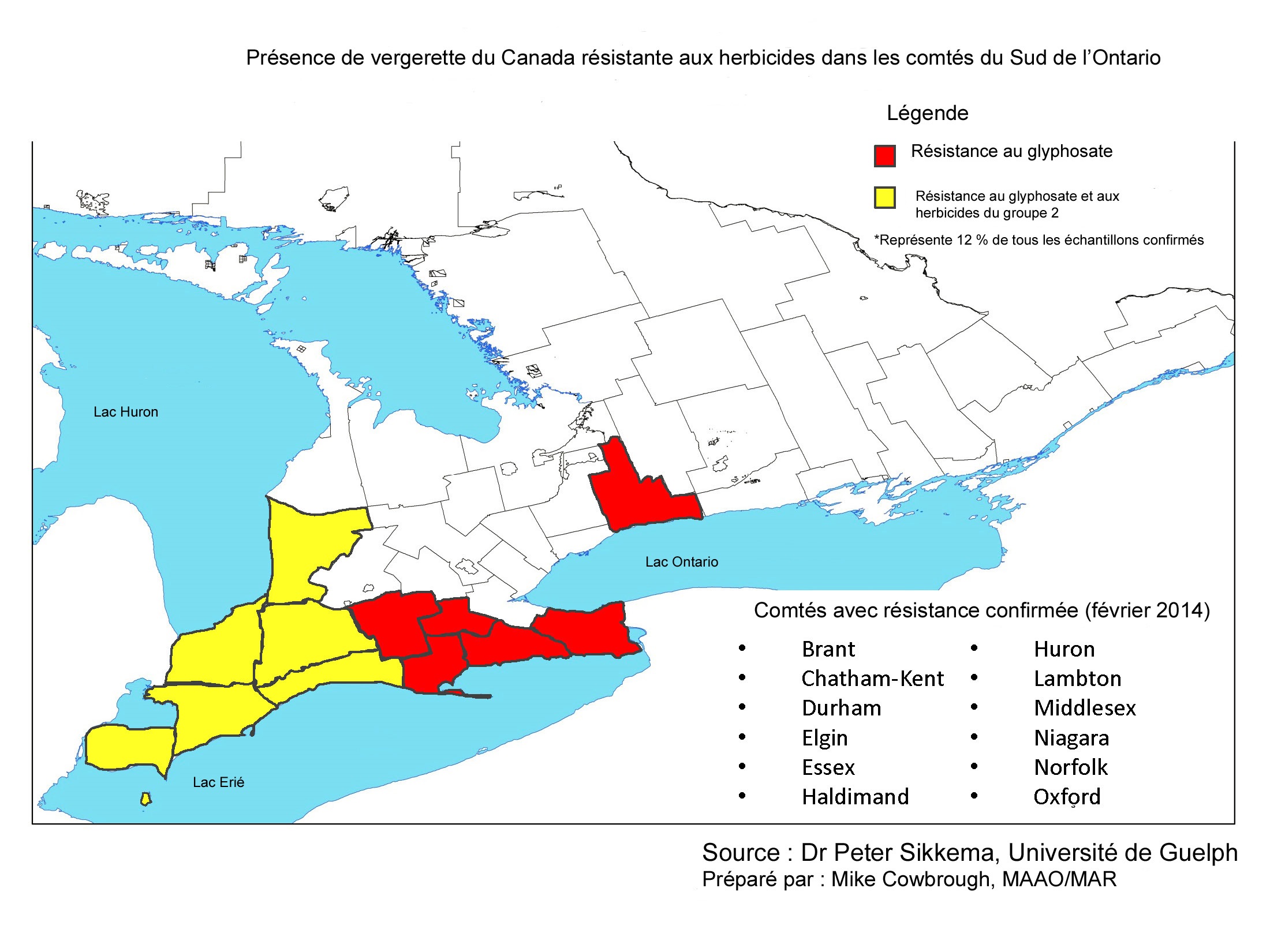 Carte de l'Ontario montrant les six comtés les plus au sud surlignés en jaune et cinq comtés à l'est adjacent au Lac Érié surlignés en rouge. La région de Niagara est aussi surlignée en rouge.