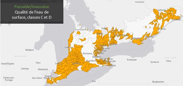 Carte de passable/mauvaise qualité de l'eau de surface, classes C et D.