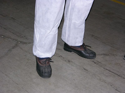 Figure 6. Photo of a visitor to the greenhouse dressed in coveralls and disinfected boots.
