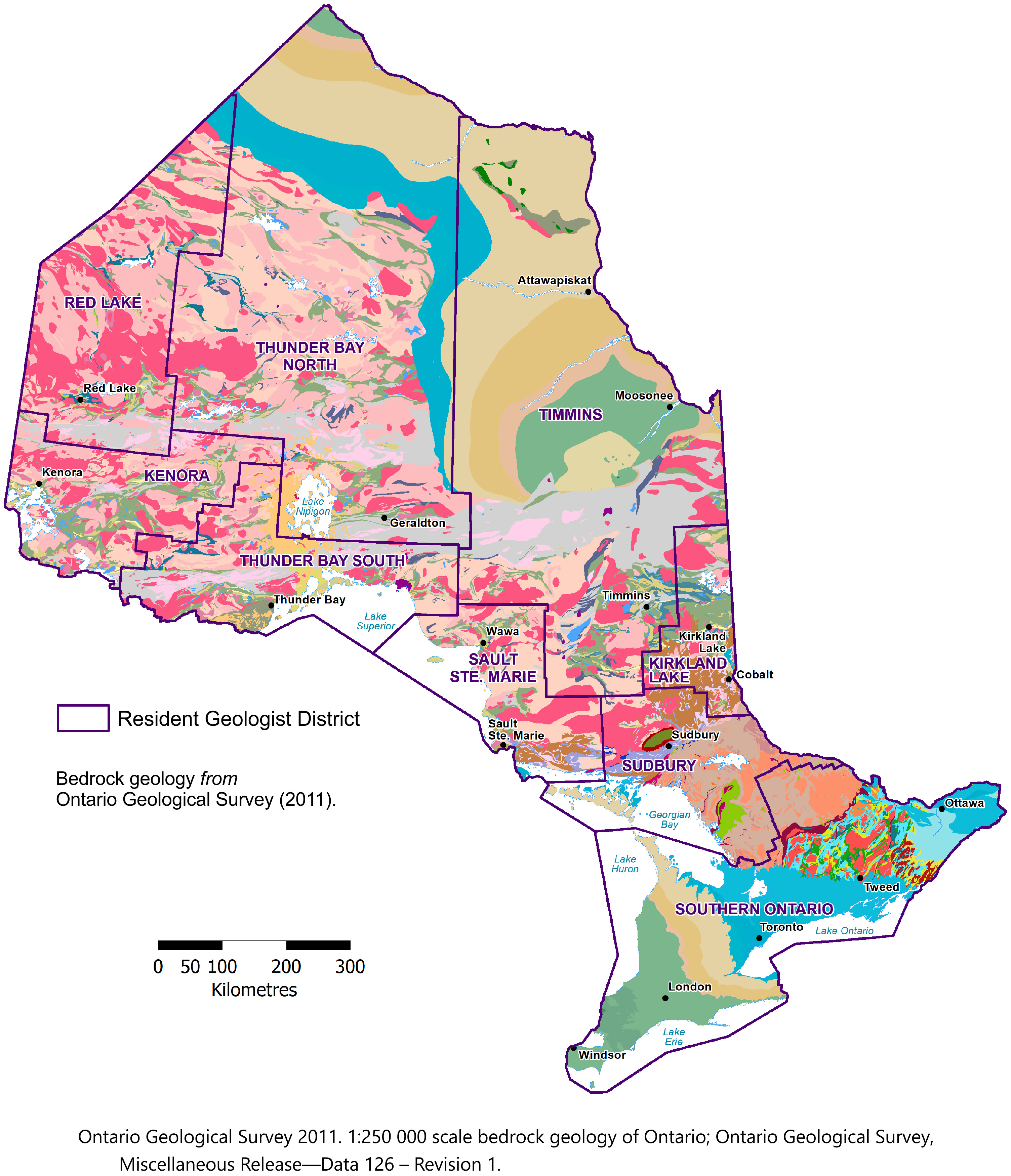 Bedrock geology from Ontario Geological Survey (2011)