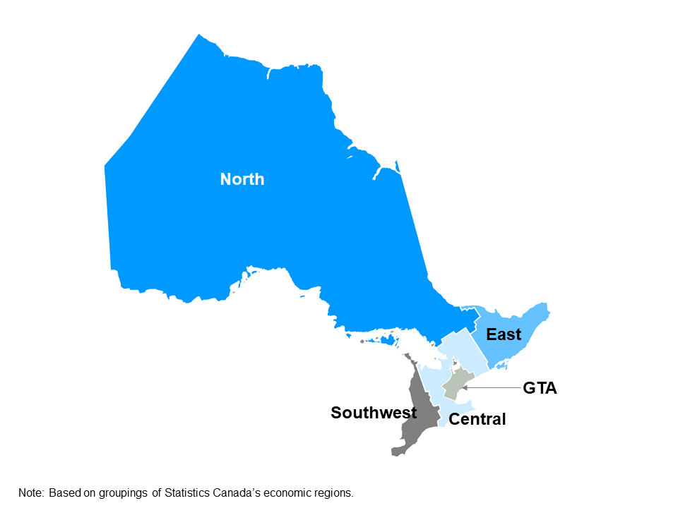 The map shows Ontario’s five regions: Northern Ontario, Eastern Ontario, Southwestern Ontario, Central Ontario and the Greater Toronto Area. This map is based on Ministry of Finance’s groupings of Statistics Canada’s economic regions.