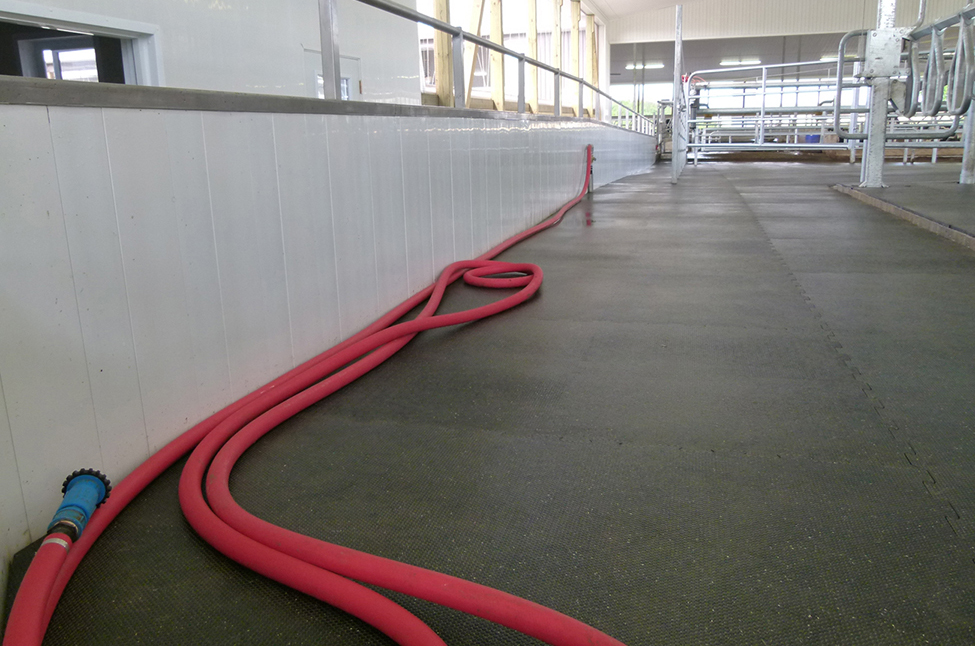 A fire hose on floor of a holding area