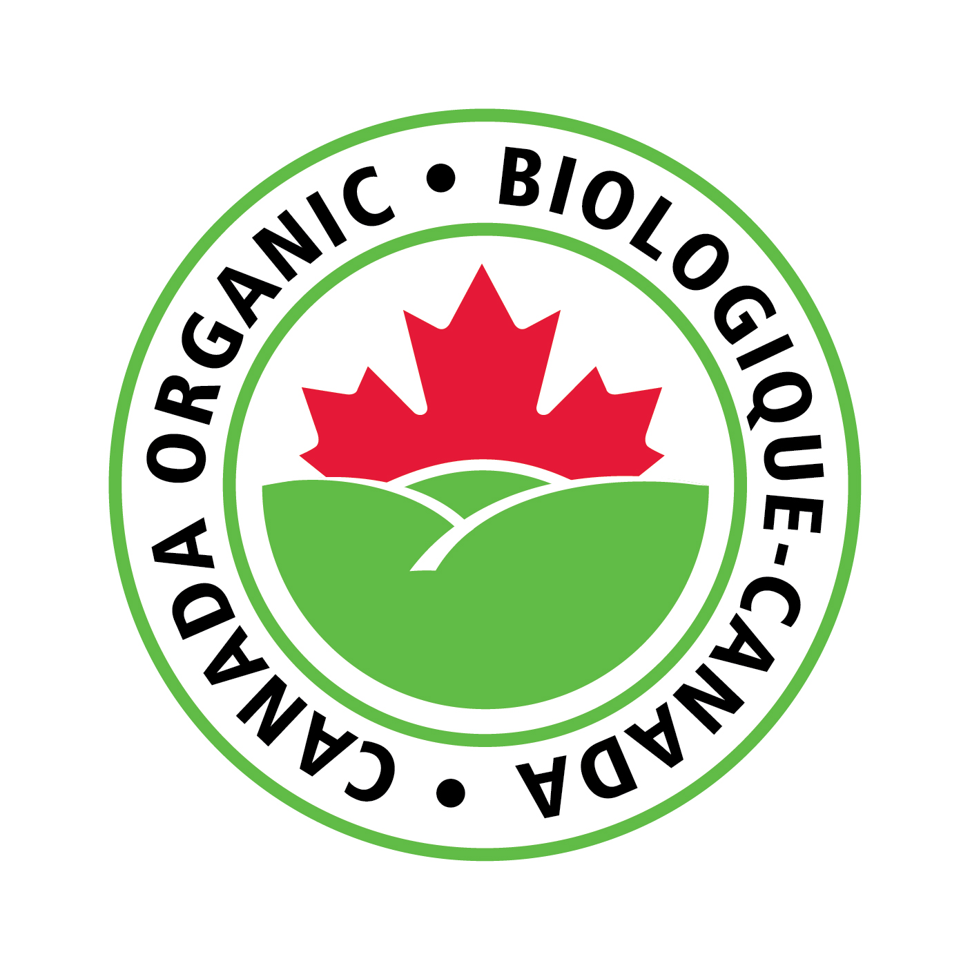 Circle with stylized fields and maple leaf in back with the words Canada Organic and Biologique Canada around it.