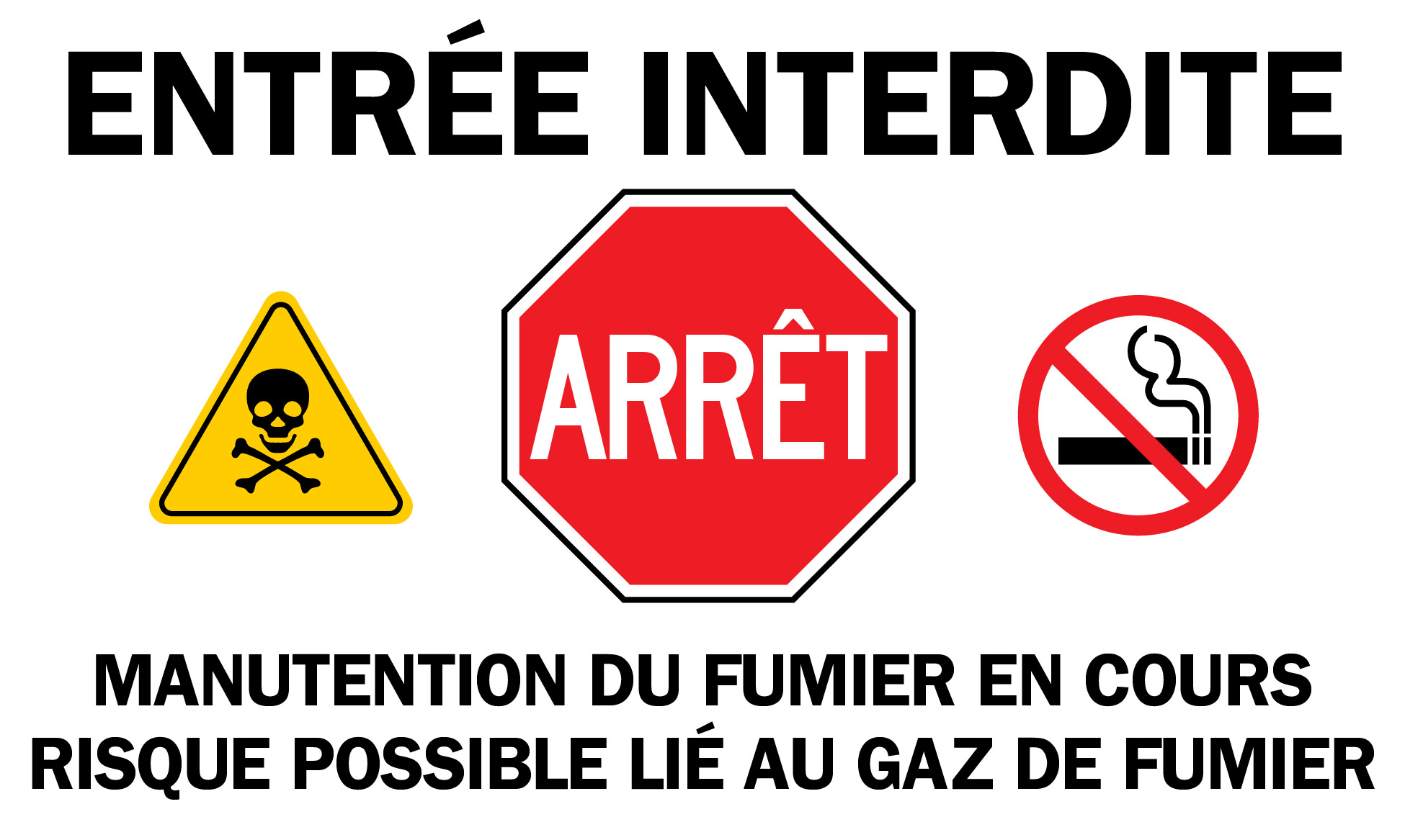 Panneau d’avertissement déclarant « Entrée interdite » et avisant qu’il y a un risque posé par le gaz de fumier.