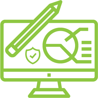 Graphic of a computer screen depicting data, a protective shield and a pencil representing “proactive planning and monitoring”
