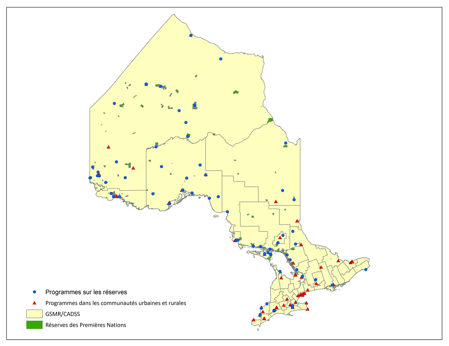 Carte de l'Ontario montrant les emplacements des services de garde d’enfants et programmes pour l’enfant et la famille gérés par des organismes autochtones
