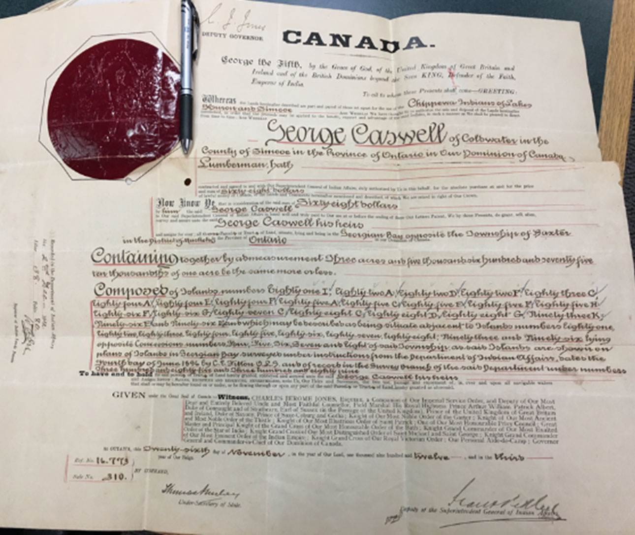 A federal patent document issues for islands located in Georgian Bay.