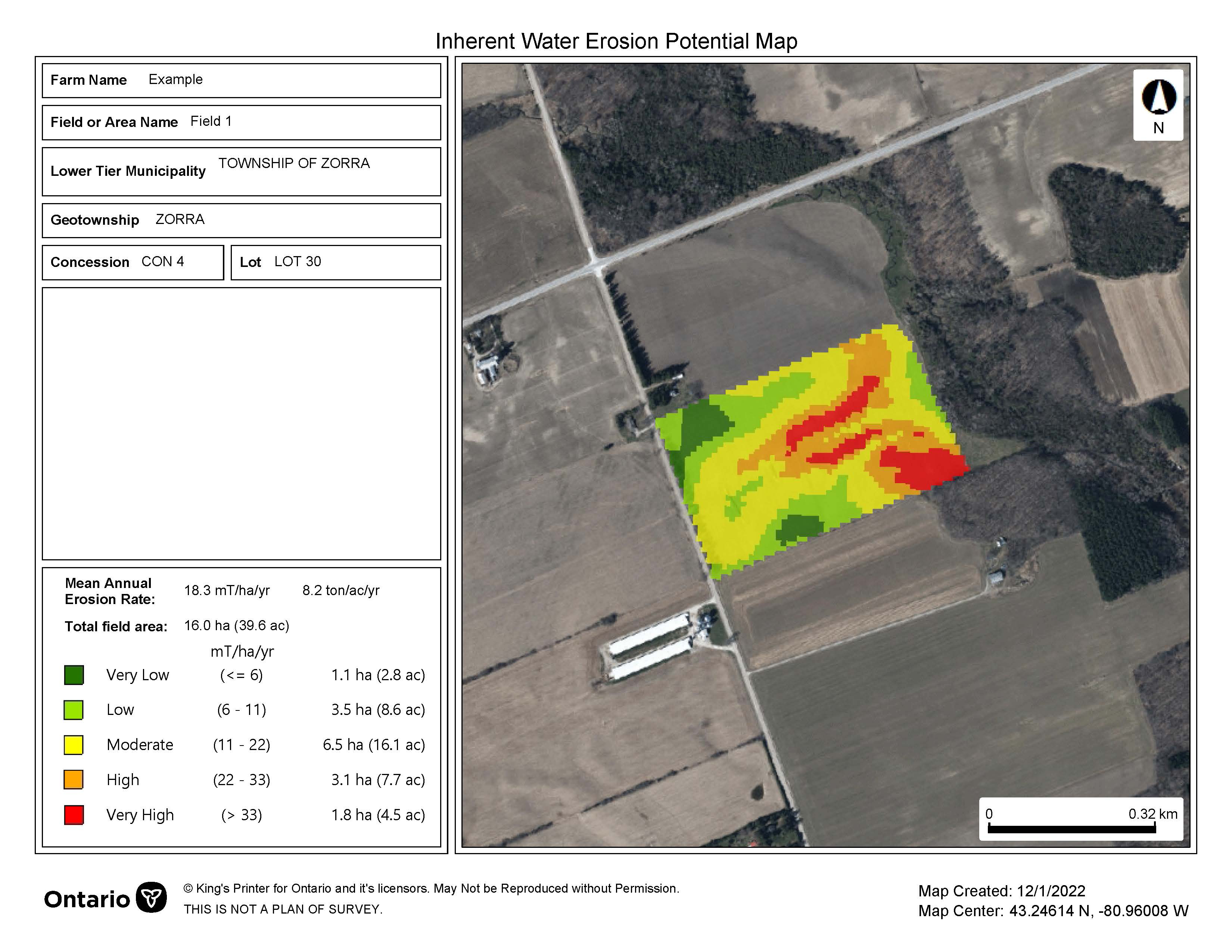 An aerial photo of farmland with one field highlighted in neon colours representing different levels of potential water erosion risk within the field. To the left of the photo is a table with a legend that defines the water erosion risk associated with each colour.