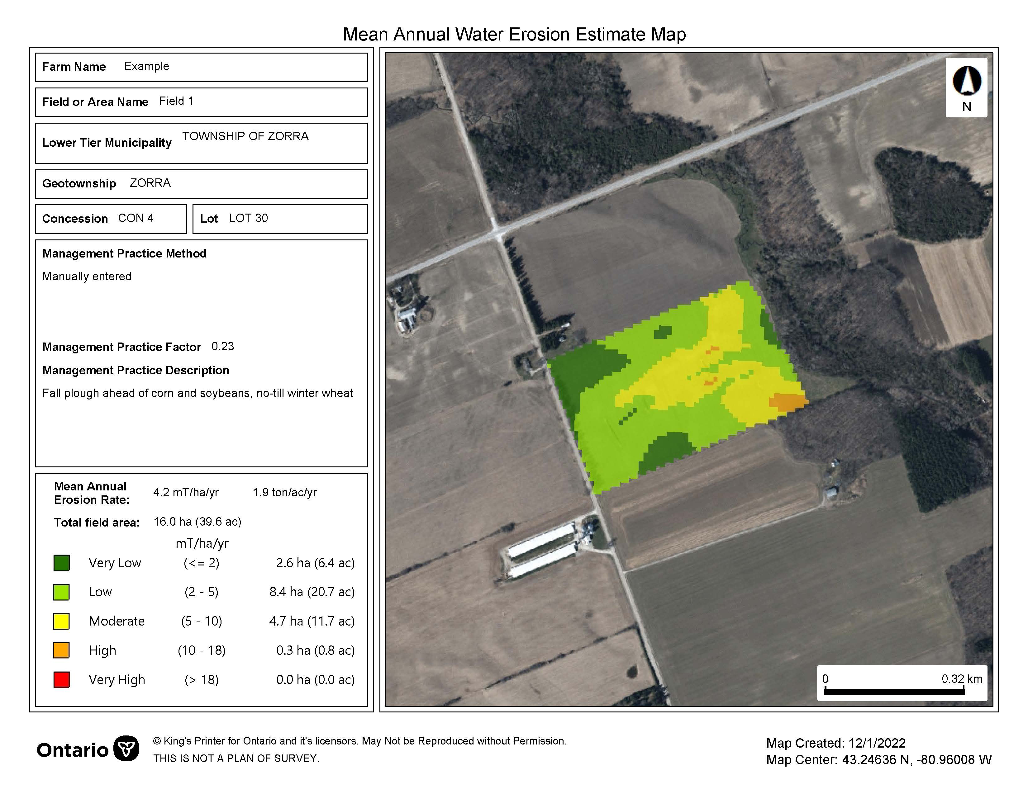 An aerial photo of farmland with one field highlighted in neon colours representing the field’s water erosion rates under current management. To the left of the photo is a table with a legend that defines the water erosion rate represented by each colour.  