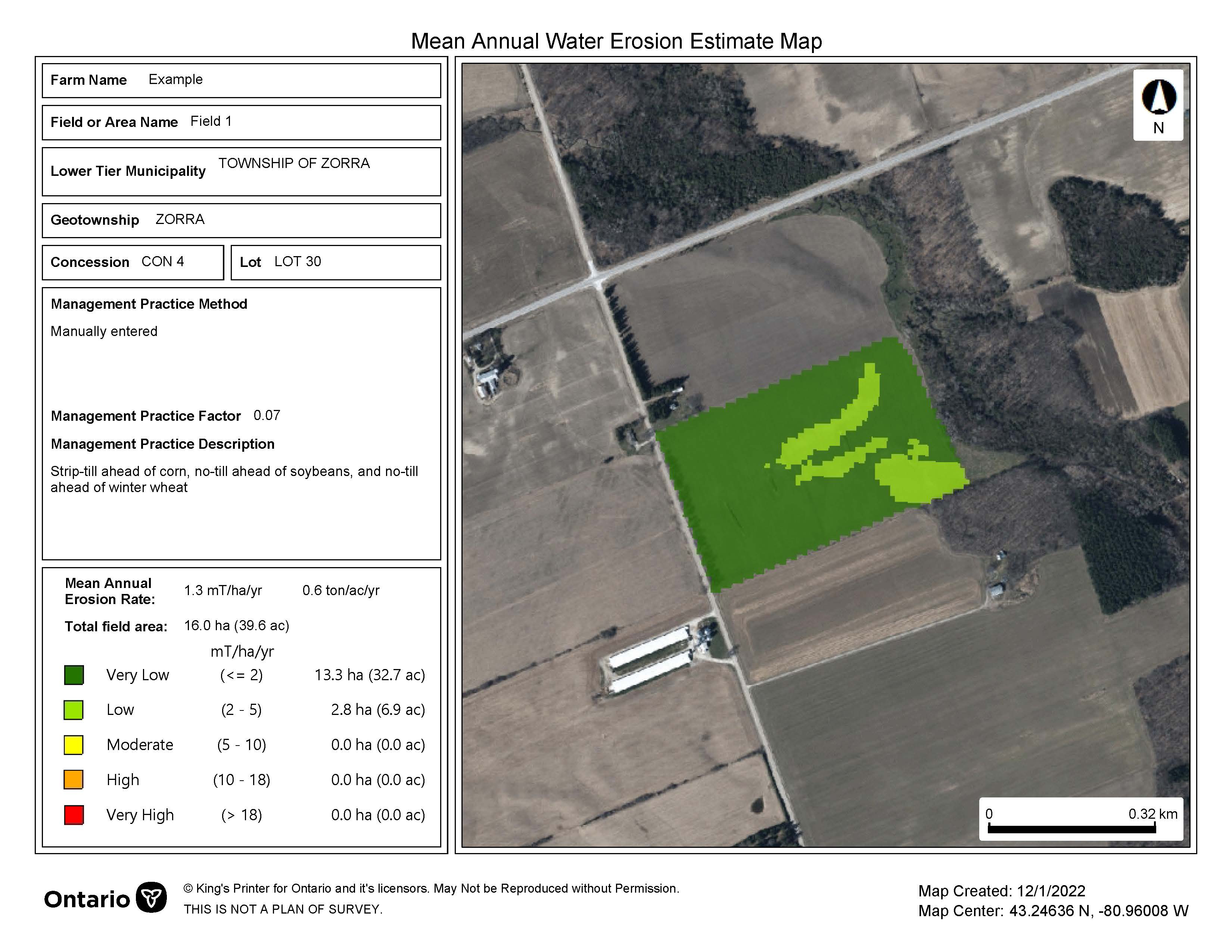 An aerial photo of farmland with one field highlighted in neon colours representing the field’s water erosion rates under planned conservation management practices. To the left of the photo is a table with a legend that defines the water erosion rate represented by each colour.