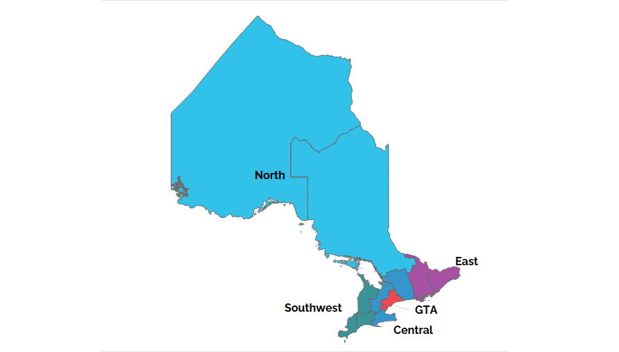 The map shows Ontario’s five regions: Northern Ontario, Eastern Ontario, Southwestern Ontario, Central Ontario and the Greater Toronto Area. 