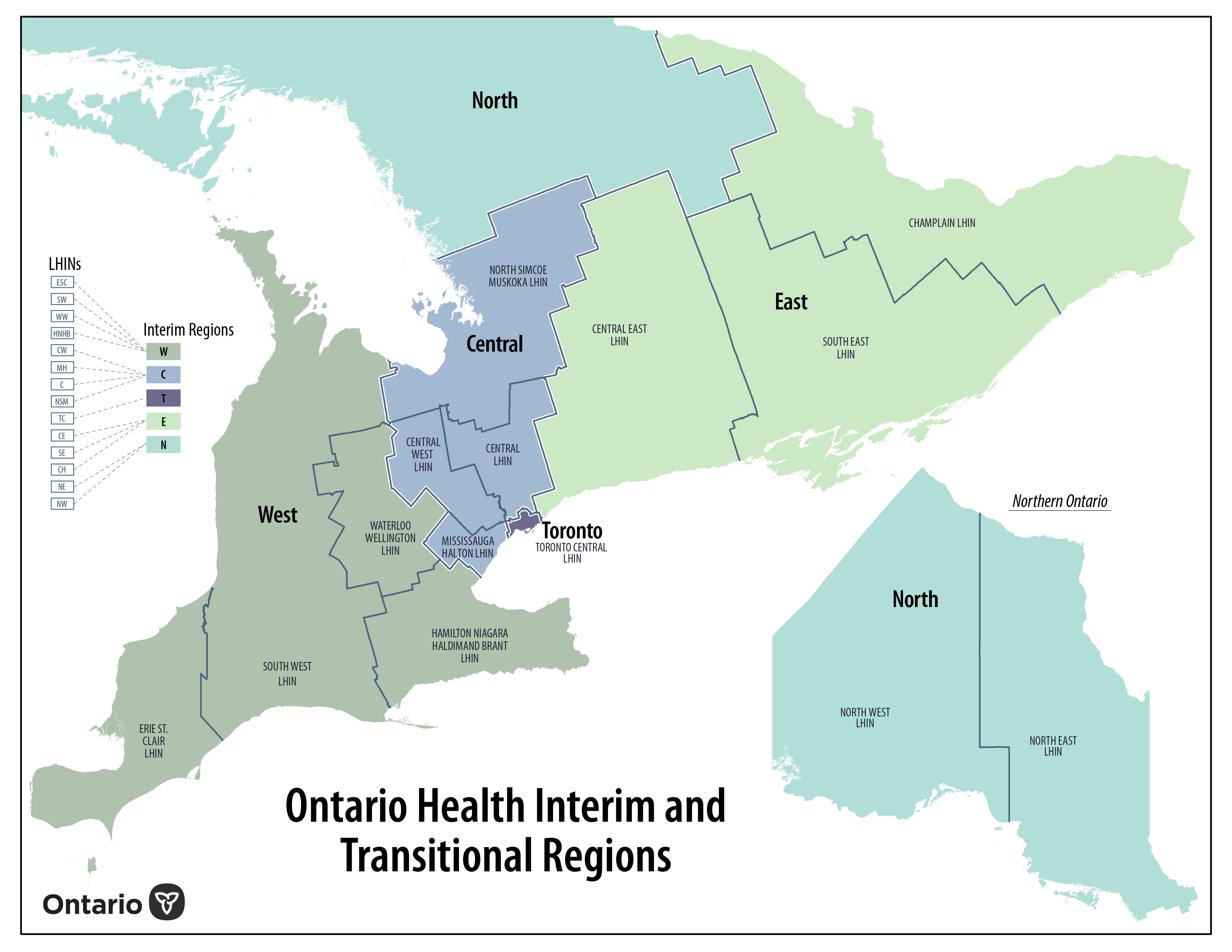 Map of Ontario Health Interim and Transitional Regions