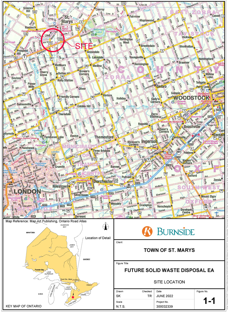 This map is a portion of the Ontario Road Atlas showing the approximate location of the St. Marys Landfill site