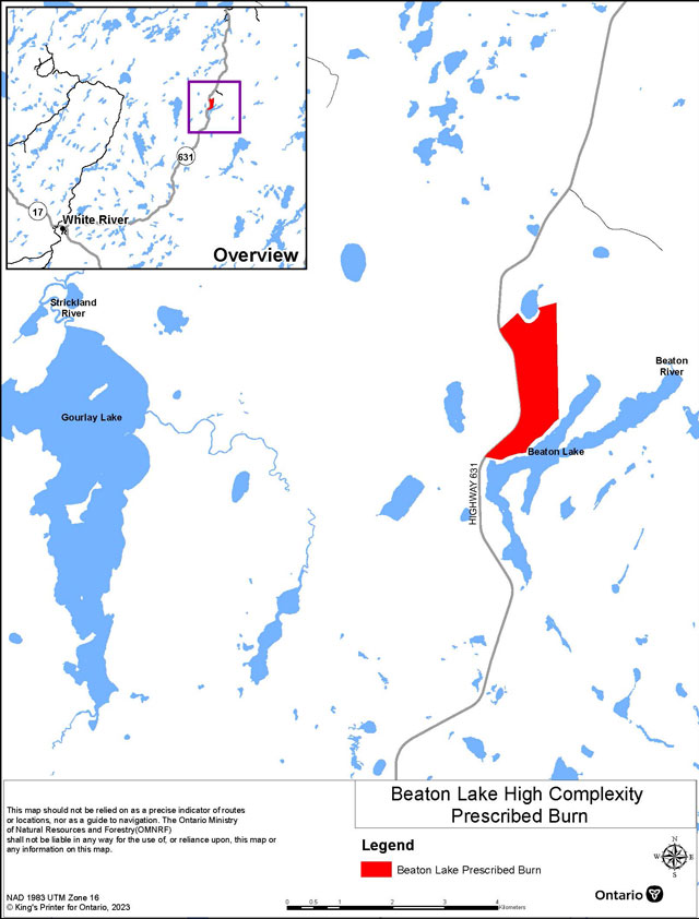 This map shows the area of the Beaton Lake Prescribed Burn located 47 kilometers northeast of the town of White River.