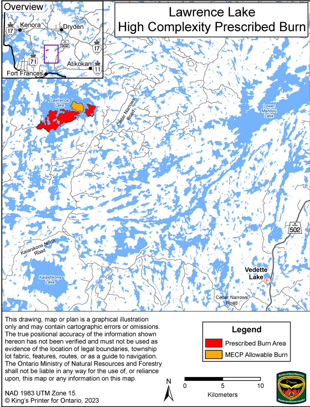 This map shows the area of the Lawrence Lake prescribed burn located 70 kilometers north of the Town of Fort Frances, on the south end of Lawrence Lake.