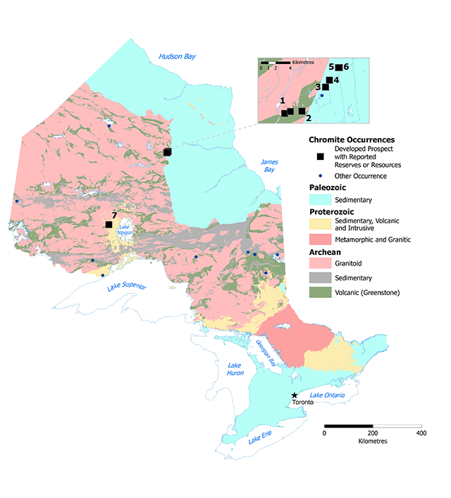 Map displaying chromite occurrences developed prospect with resources in northern and central Ontario. Other occurrences scattered across western and eastern Ontario.