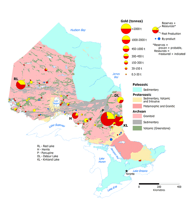 Map depicting gold occurrences in Ontario in tonnes, with yellow representing reserves and red representing past production across central and eastern Ontario