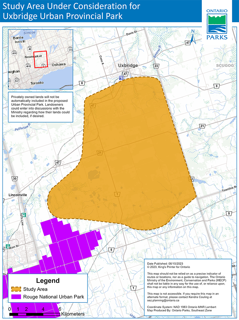Map of study area under consideration for Uxbridge Urban Provincial Park
