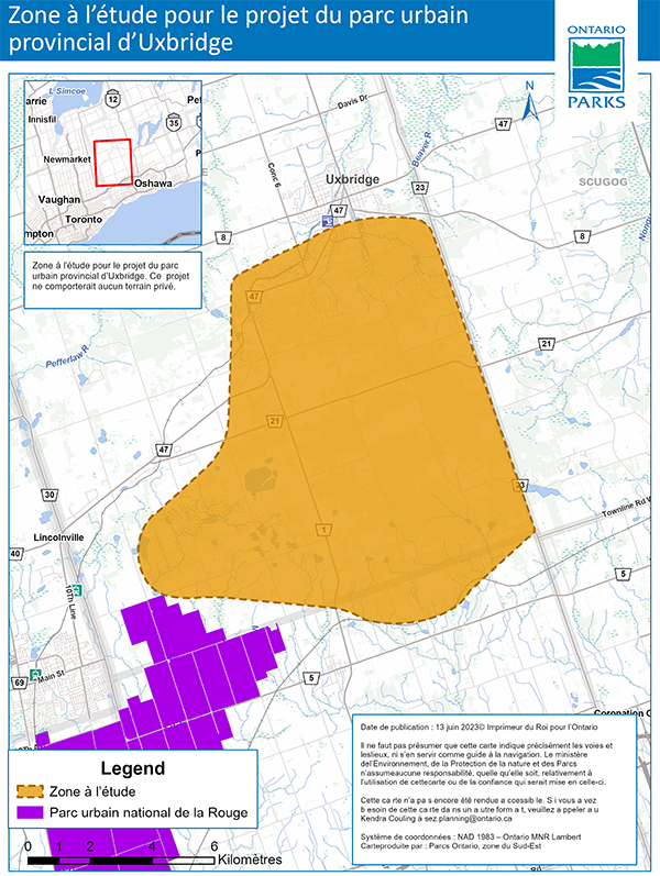 Carte de la zone à d’étude pour le projet du parc urbain provincial d’Uxbridge