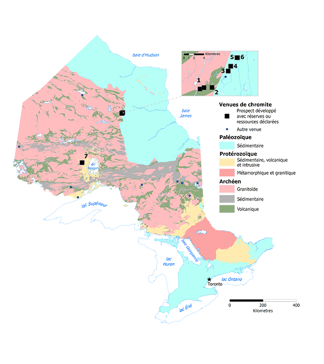 Carte montrant les occurrences de chromite développées en prospection avec des ressources dans le nord et le centre de l’Ontario. Autres occurrences dispersées dans l’ouest et l’est de l’Ontario.
