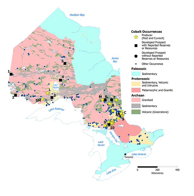 Map of Ontario identifying cobalt occurrences. Developed prospect with resources displayed across central Ontario, developed prospect without resources in eastern Ontario and past and current producers in eastern Ontario