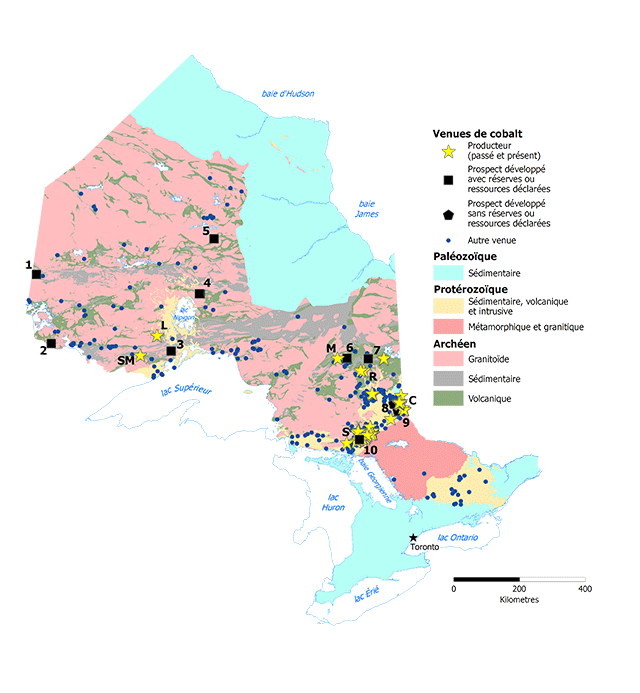 Carte de l’Ontario identifiant les occurrences de cobalt. Prospect développé avec ressources affiché dans le centre de l’Ontario, prospect développé sans ressources dans l’est de l’Ontario et producteurs passés et actuels dans l’est de l’Ontario.