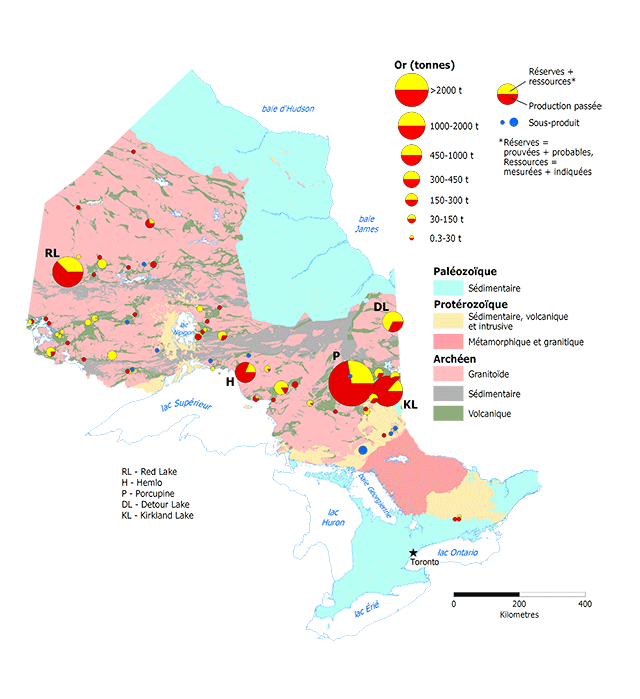 Carte représentant les occurrences d’or en Ontario en tonnes, le jaune représentant les réserves et le rouge, la production passée dans le centre et l’est de l’Ontario.