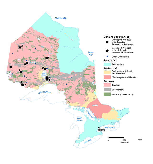 Map of lithium occurrences in Ontario identifying western Ontario as the region with the most instances of developed prospect with resources. Other lithium occurrences are scattered across central and western Ontario.
