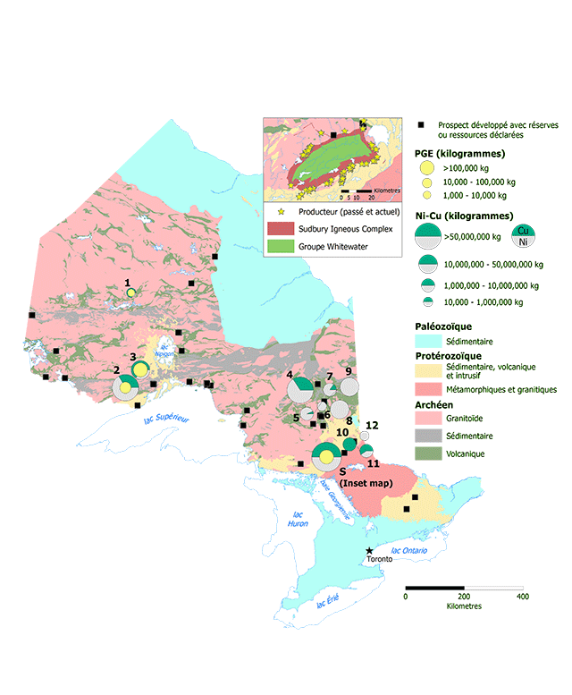 Carte des occurrences de nickel, de cuivre et d’éléments du groupe platine (PGE). Les sphères jaunes représentent les PGE en kilogrammes avec les plus fortes occurrences dans le centre de l’Ontario. Les sphères vertes et grises représentent le nickel et le cuivre avec la plupart des occurrences dans le sud-est de l’Ontario