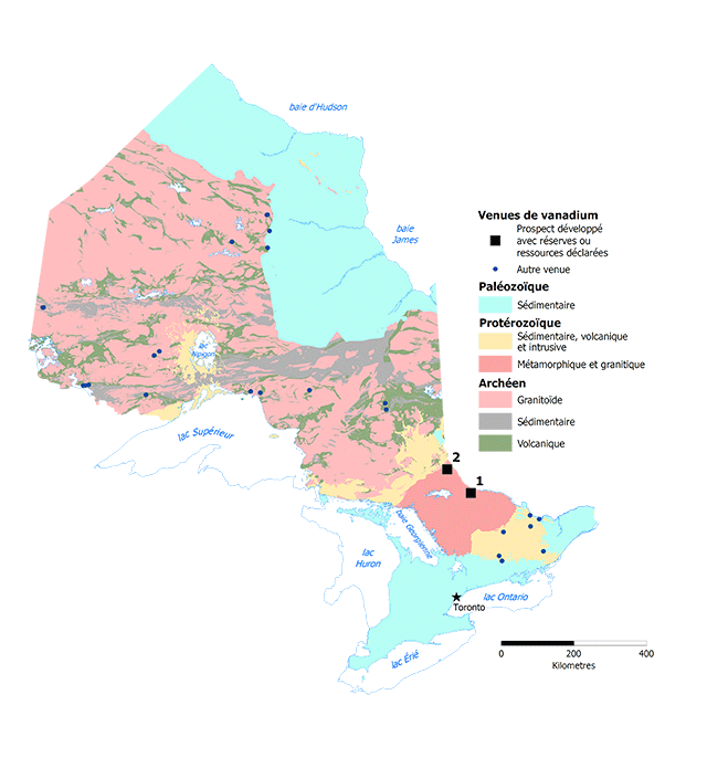 Carte des occurrences de vanadium montrant les prospects développés avec des ressources par rapport aux autres occurrences. Les gisements Brazeau et Titan présentent des perspectives développées avec des ressources, tandis que les autres gisements sont dispersés dans le centre et le sud-ouest de l’Ontario.