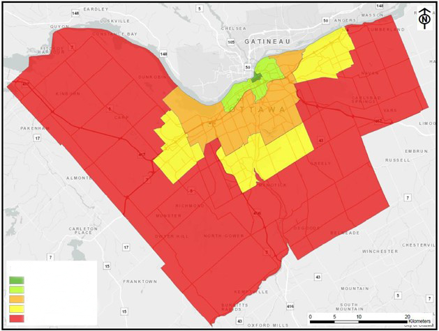 Figure 2 est une carte de la Ville d’Ottawa, avec un code de couleur pour montrer les différents secteurs géographiques.