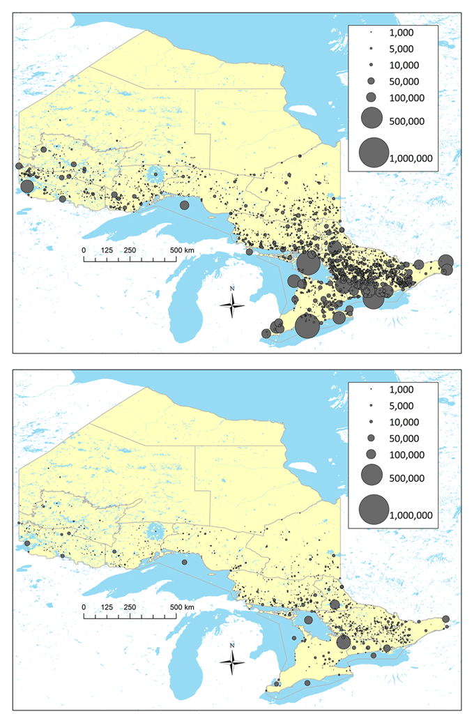 Two maps showing fishing activity in 2020 across Ontario waterbodies by season. Fishing activity is much more concentrated in the open water than ice fishing season and in southern than Northern Ontario.