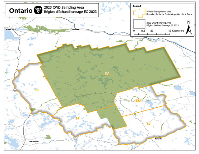 2023 chronic wasting disease sampling areas in Central Ontario